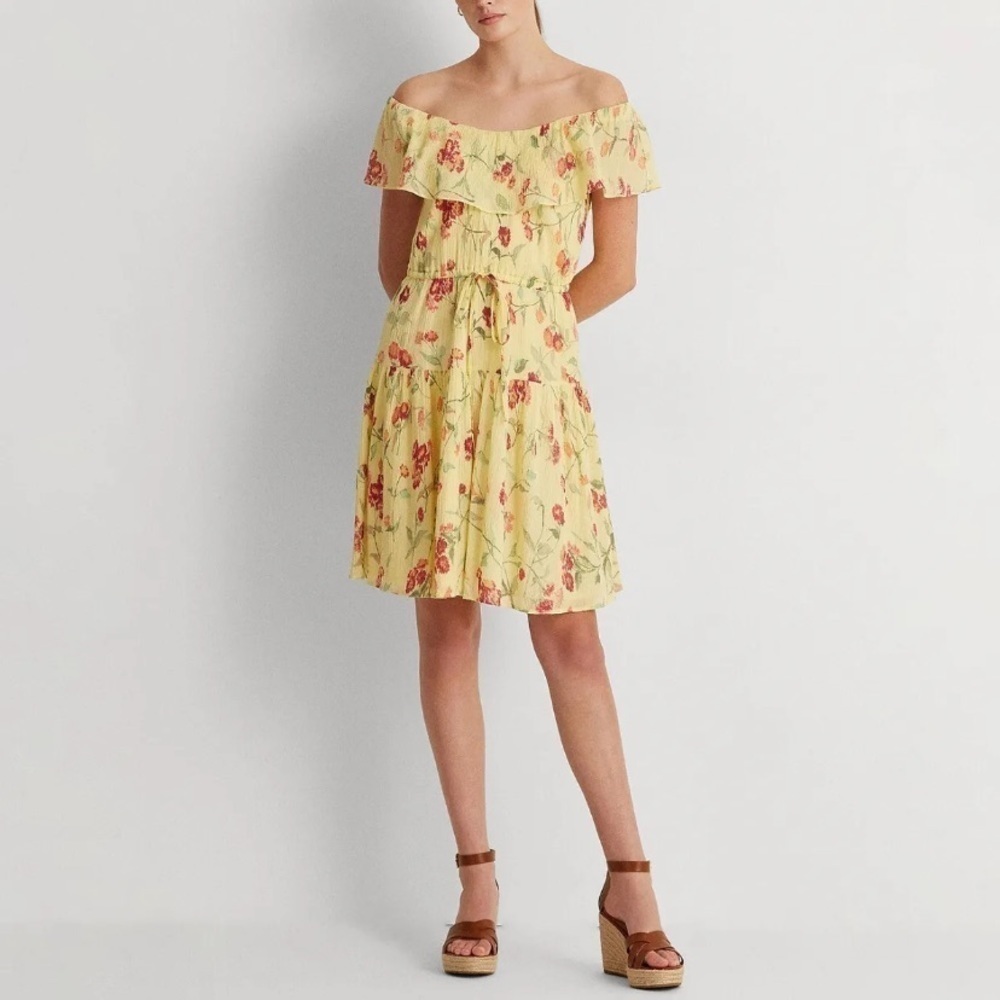 Lauren Ralph Lauren Womens Floral Off-Shoulder Crinkled Cotton Dress Size 12 New